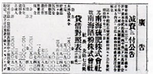 Announcement of capital reduction/company name change(February 3, 1907, Kii Mainichi Shimbun)