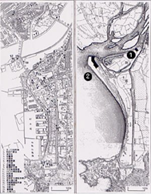 1.鼠島と2.青岸工場の立地　今と昔